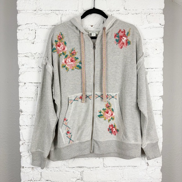 Sundance Tops - Sundance Annabeth Zip Embroidered Grey Floral Rose Hoodie Jacket Large
